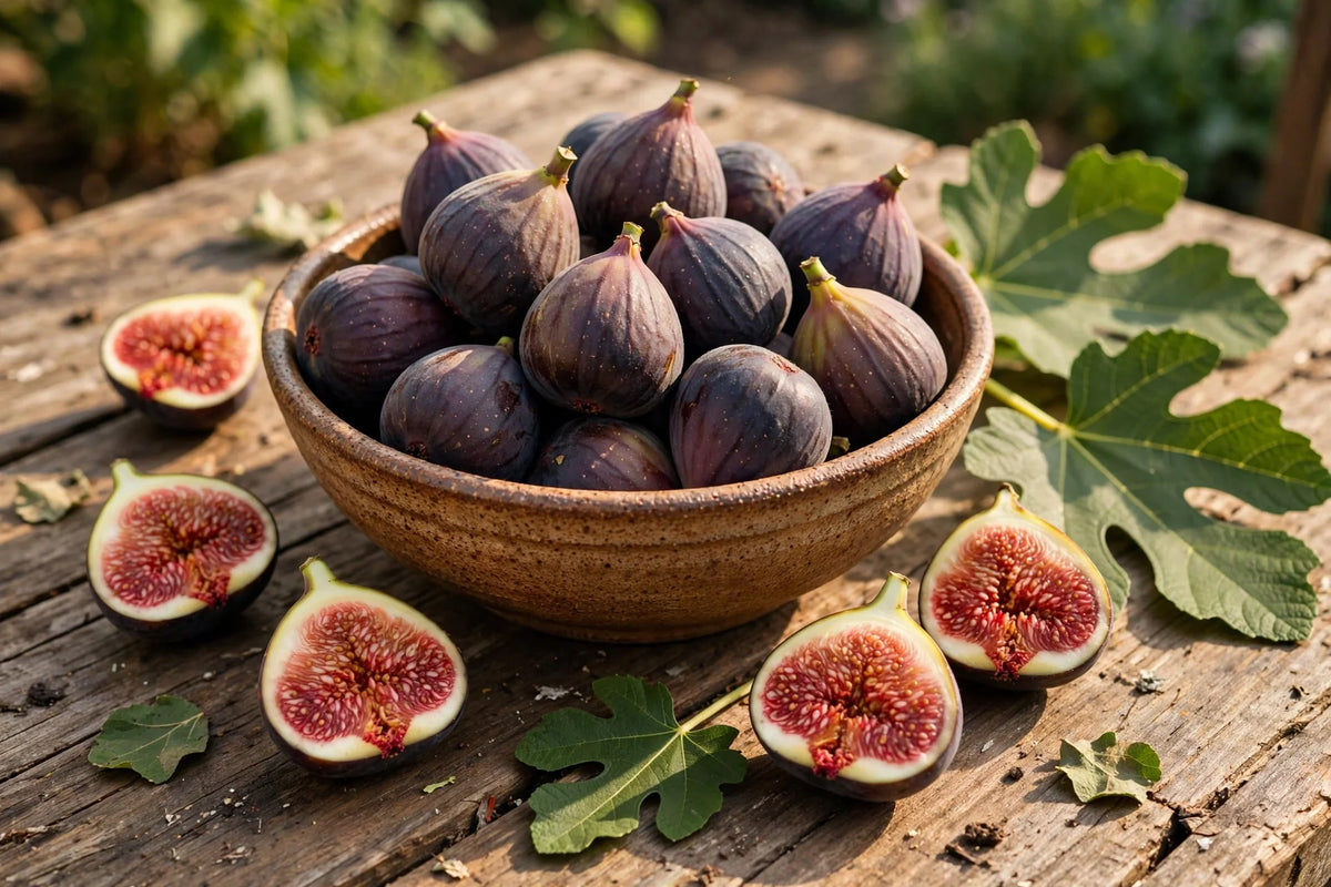 Bowl of ripe Chicago Hardy figs with cut figs showing red flesh