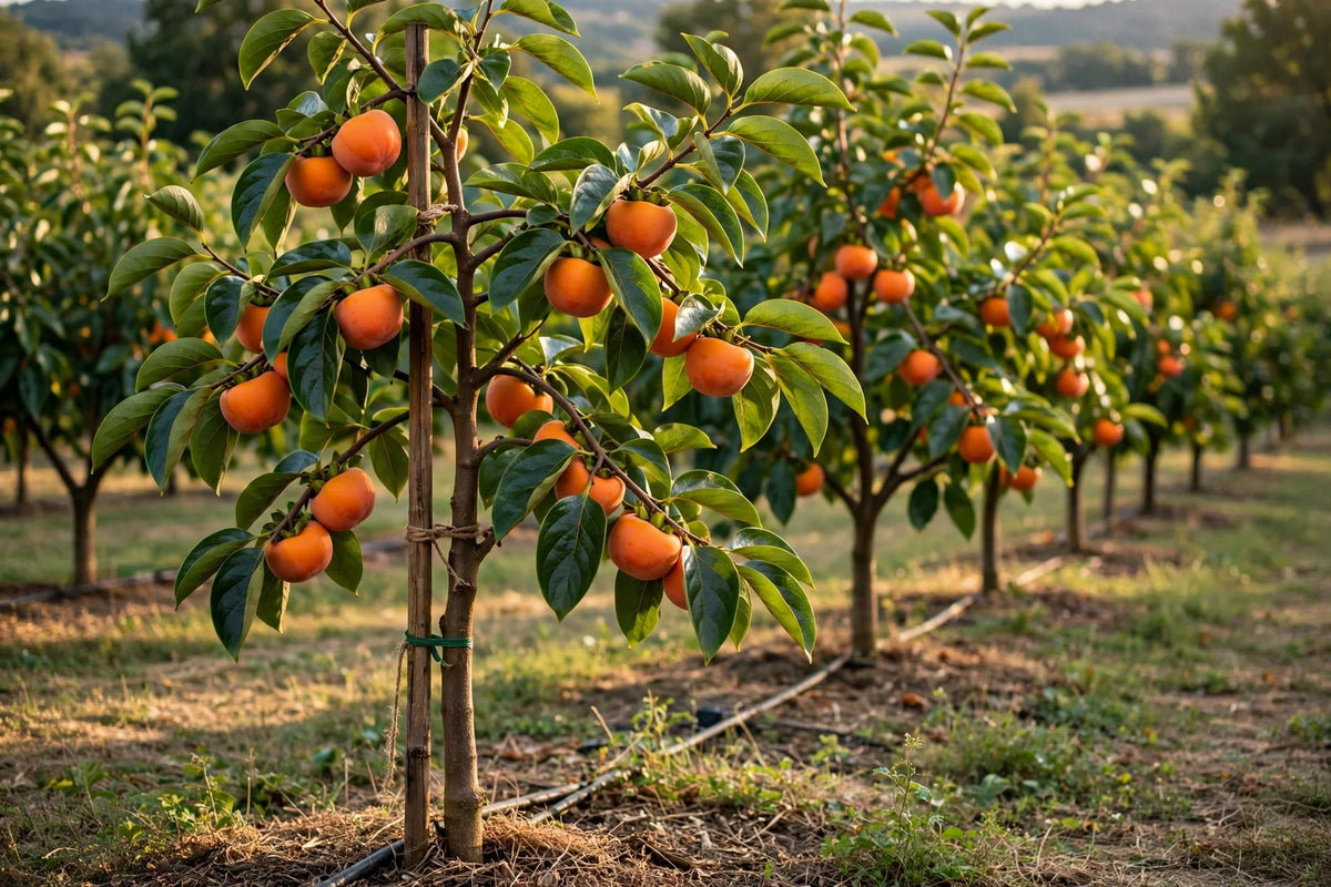Young Fuyu persimmon tree with orange fruit, a good fruit tree for Texas