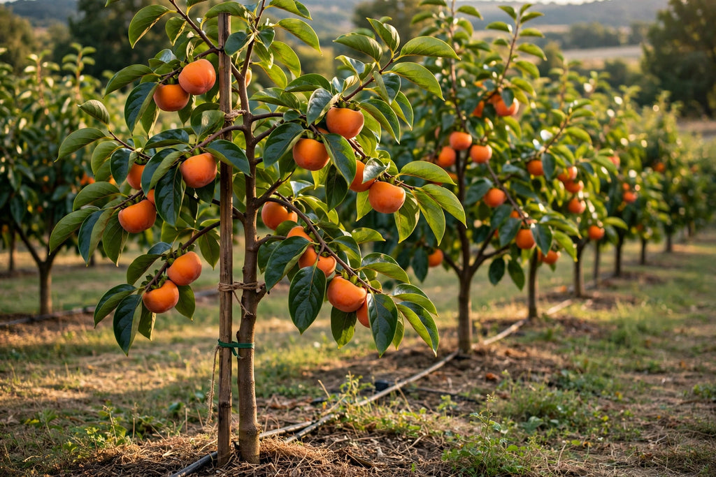 Young Fuyu persimmon tree laden with orange fruit in an orchard