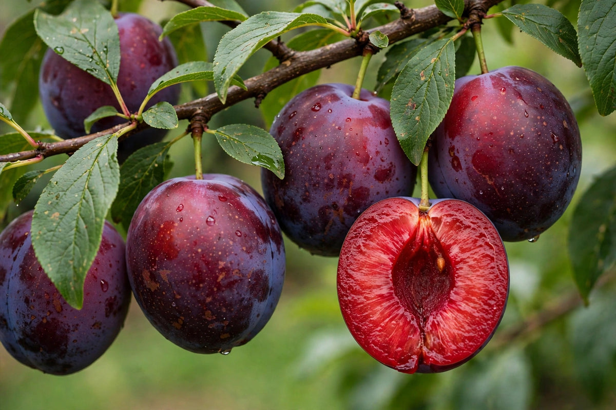 Methley plums on the tree, one cut open showing red flesh