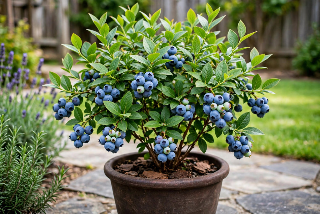 Sunshine Blue blueberry plant in a pot with ripe blueberries
